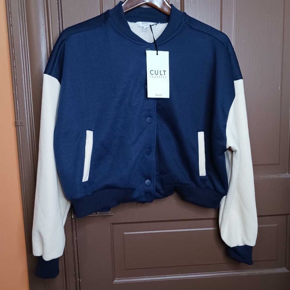 Cult Brand Women's size L Block Cropped Varsity Jacket Blue White